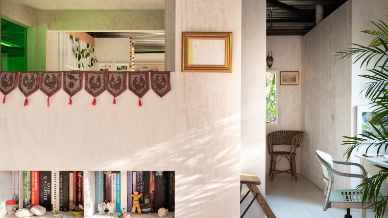 murs blancs, accents de couleur et texture